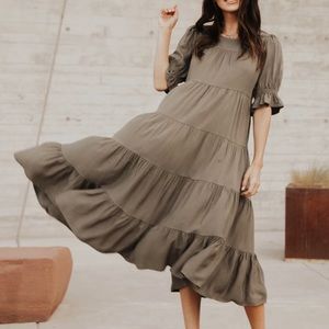 Bohme sunshine midi tiered dress in Olive